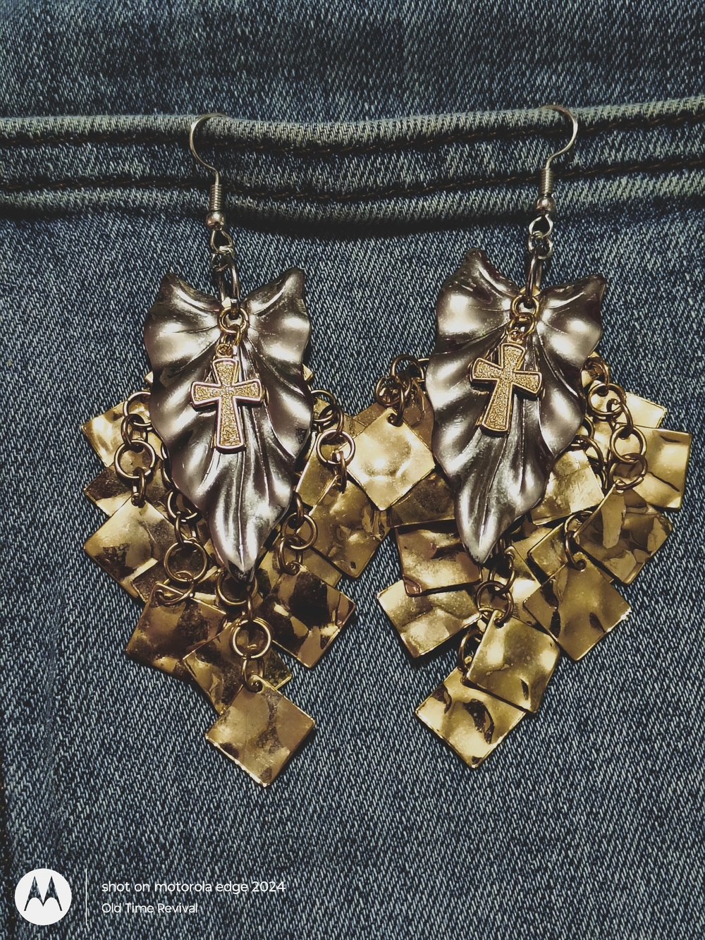 Upcycled Statement Cross And Leaf Dangle Earrings Handcrafted Artisan Jewelry